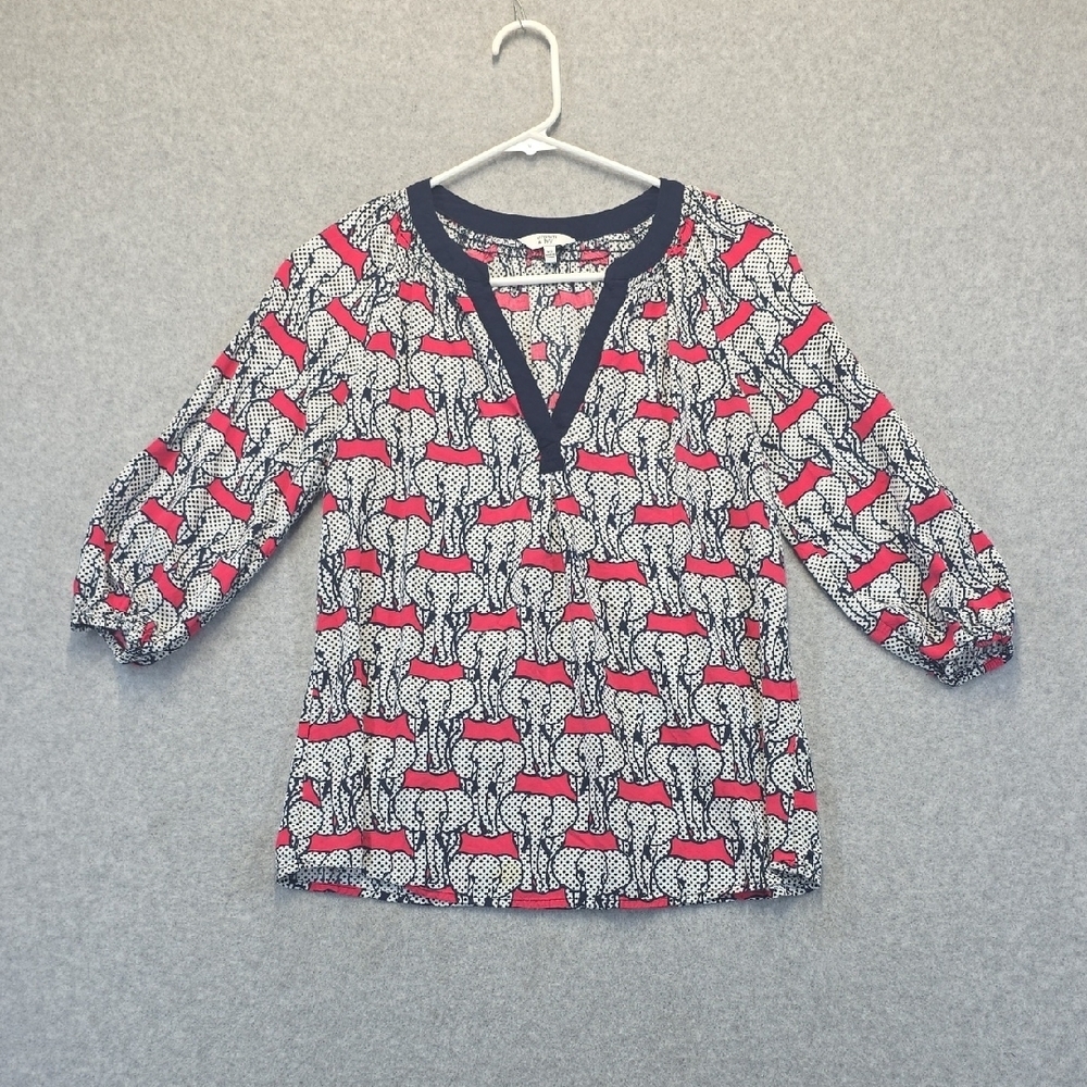 Crown & Ivy Elephant Print Blouse Womens XS Red Navy White 3/4 Sleeve Rayon - Picture 1 of 7